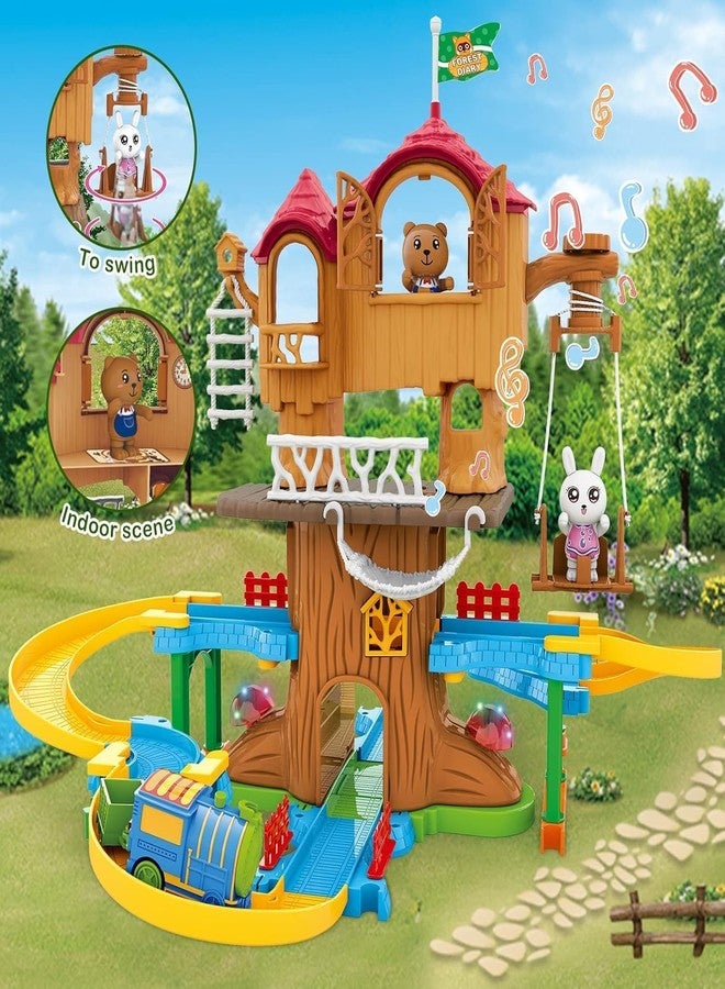 Avarin Tree House Playset, Train Set Car Track Toys for Toddlers, DIY Forest Friends Pretend Playhouse with 2 Dolls Toy Figures, Train, Car Tracks, Swing, Sound & Light Function Toy House for Girl - Image 4